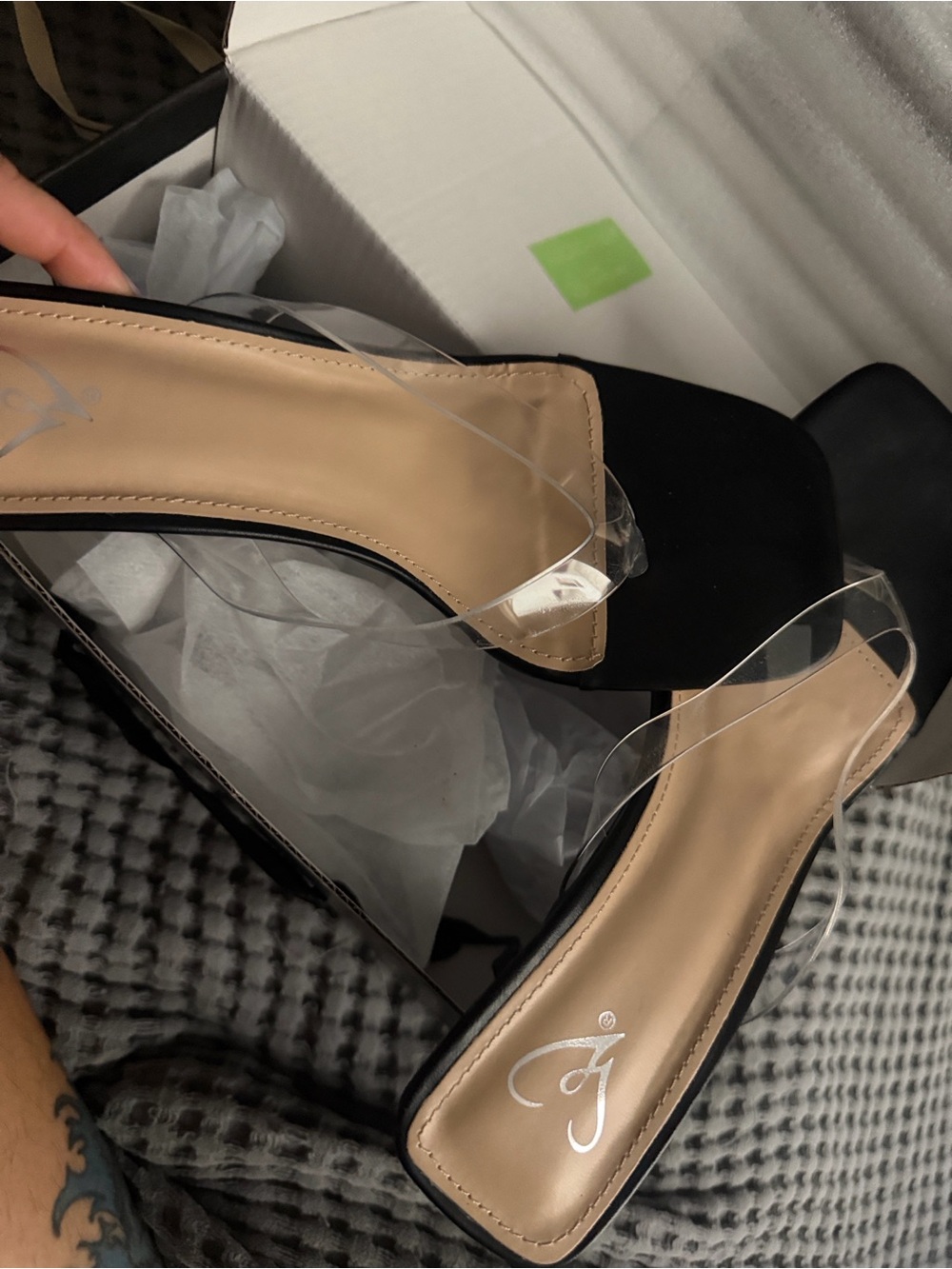 Black Heeled Slide Sandals with Clear Straps